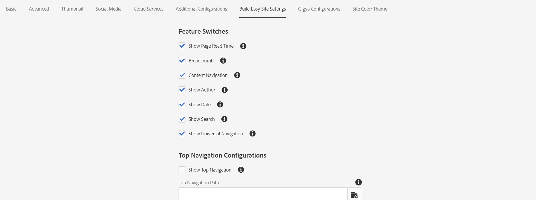 Build Easy Site Settings